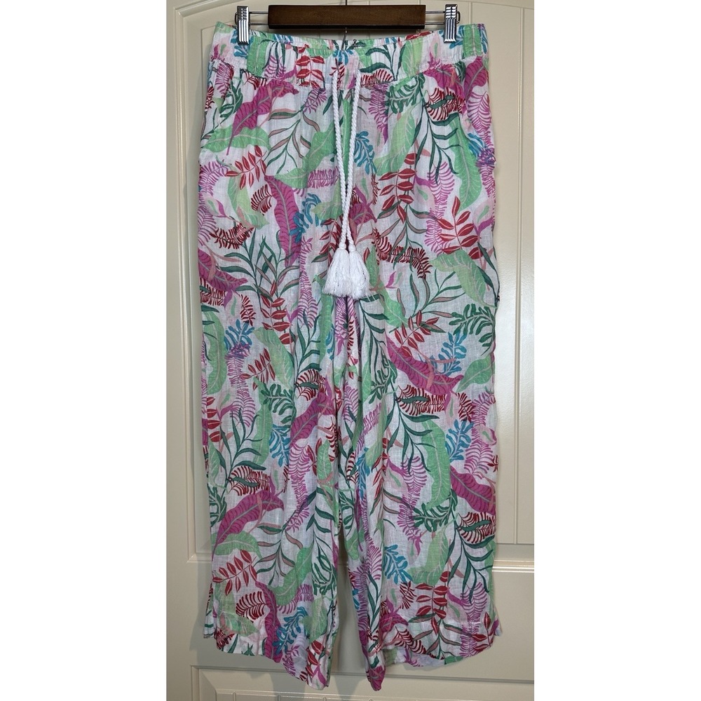 Cynthia Rowley 100% Linen Pull On pants bright Hawaiian Print Sz L Cruise Beach